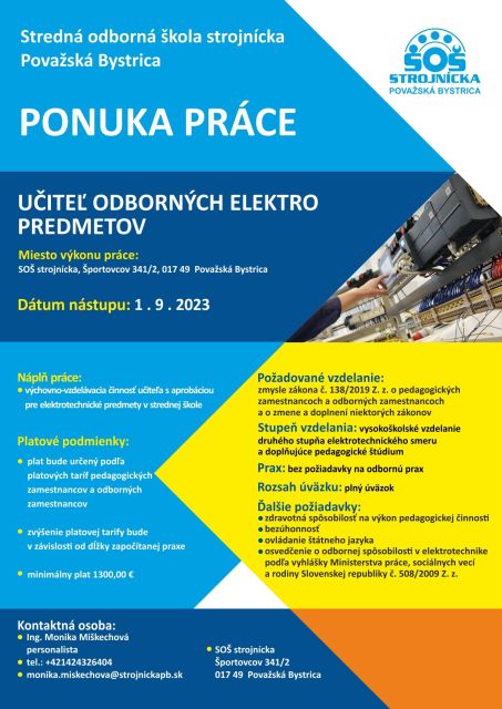  ponuka práce - učiteľ pre elektroodbory